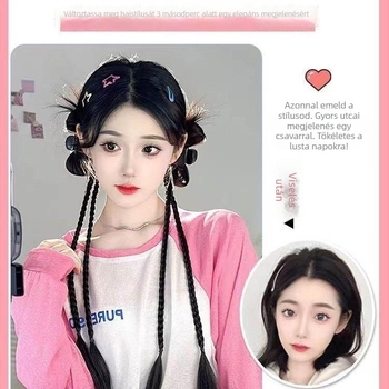 Y2K paróka copfákkal, hajcsatokkal, kettős lófarok, copf-stílus boksz, magas hőmérsékletű szál, mechanikus feldolgozás