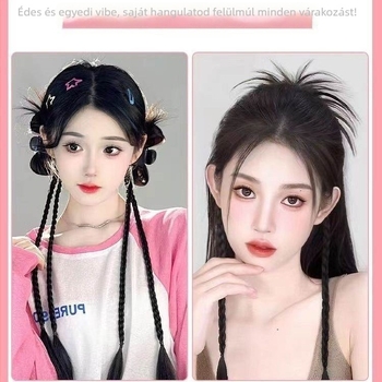 Y2K paróka copfákkal, hajcsatokkal, kettős lófarok, copf-stílus boksz, magas hőmérsékletű szál, mechanikus feldolgozás