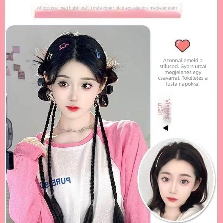 Y2K paróka copfákkal, hajcsatokkal, kettős lófarok, copf-stílus boksz, magas hőmérsékletű szál, mechanikus feldolgozás