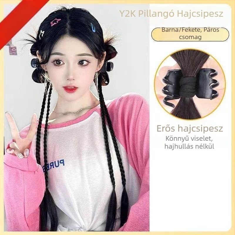 Y2K paróka copfákkal, hajcsatokkal, kettős lófarok, copf-stílus boksz, magas hőmérsékletű szál, mechanikus feldolgozás