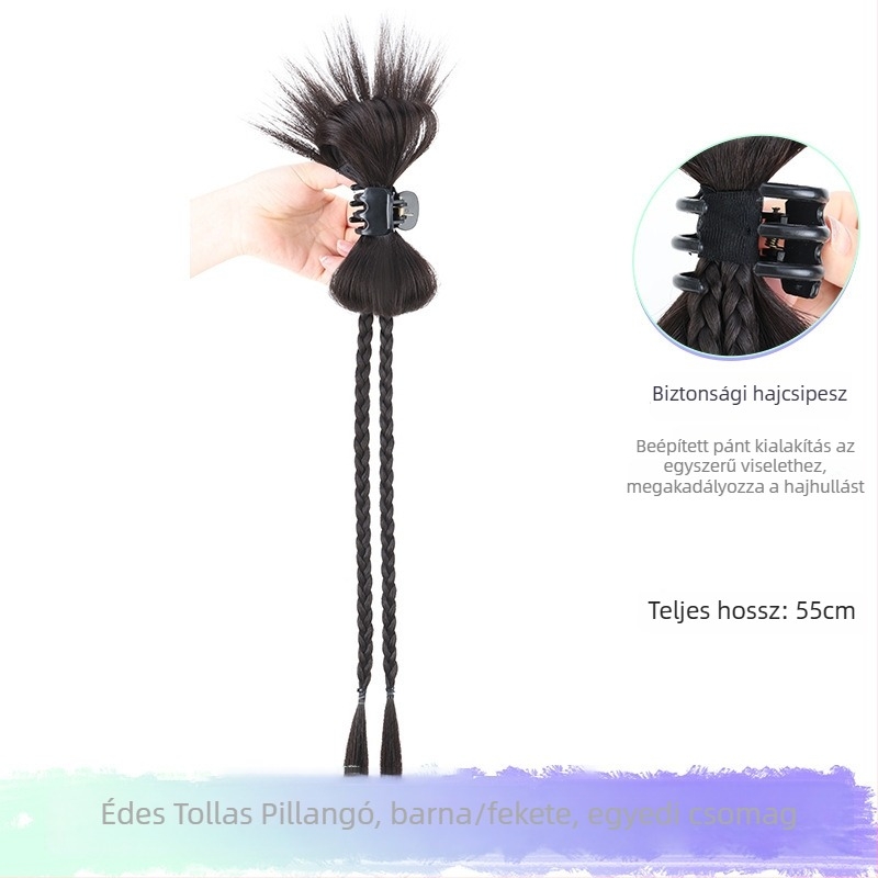 Y2K paróka copfákkal, hajcsatokkal, kettős lófarok, copf-stílus boksz, magas hőmérsékletű szál, mechanikus feldolgozás