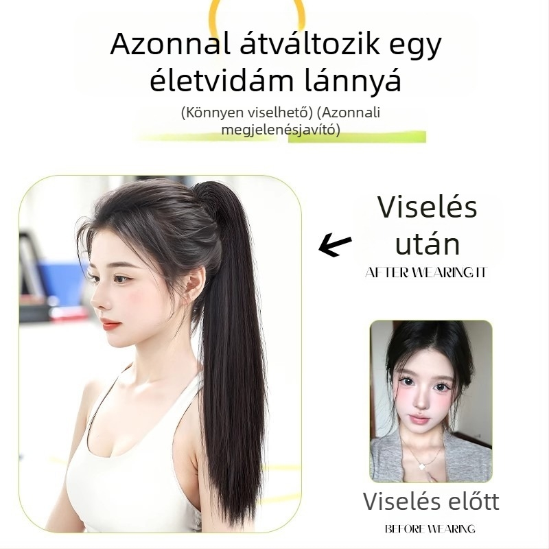 Hosszú copfos paróka nőknek, valósághű klipszes megoldás, magas konty, egyenes hosszú haj, hőálló rost, mechanizmus modell