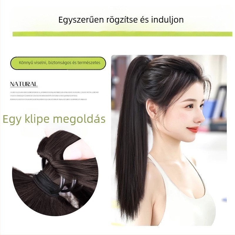 Hosszú copfos paróka nőknek, valósághű klipszes megoldás, magas konty, egyenes hosszú haj, hőálló rost, mechanizmus modell