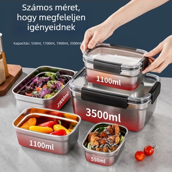 Téglalap alakú 304 rozsdamentes acél élelmiszertároló doboz, hermetikus záródású, hűtő- és fagyasztó használatra; kapacitások: 501–800 ml, 1–2 L, 3.1–4 L