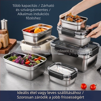 Téglalap alakú 304 rozsdamentes acél élelmiszertároló doboz, hermetikus záródású, hűtő- és fagyasztó használatra; kapacitások: 501–800 ml, 1–2 L, 3.1–4 L