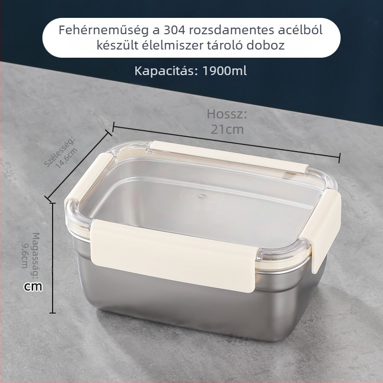 Téglalap alakú 304 rozsdamentes acél élelmiszertároló doboz, hermetikus záródású, hűtő- és fagyasztó használatra; kapacitások: 501–800 ml, 1–2 L, 3.1–4 L