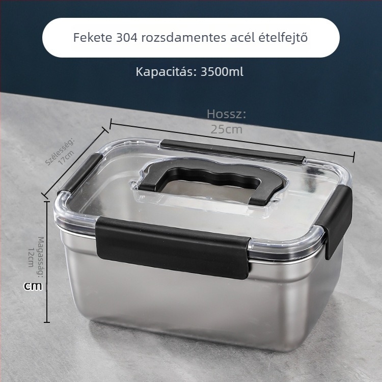 Téglalap alakú 304 rozsdamentes acél élelmiszertároló doboz, hermetikus záródású, hűtő- és fagyasztó használatra; kapacitások: 501–800 ml, 1–2 L, 3.1–4 L