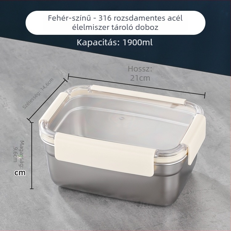 Téglalap alakú 304 rozsdamentes acél élelmiszertároló doboz, hermetikus záródású, hűtő- és fagyasztó használatra; kapacitások: 501–800 ml, 1–2 L, 3.1–4 L