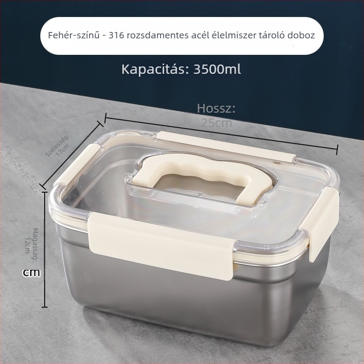 Téglalap alakú 304 rozsdamentes acél élelmiszertároló doboz, hermetikus záródású, hűtő- és fagyasztó használatra; kapacitások: 501–800 ml, 1–2 L, 3.1–4 L