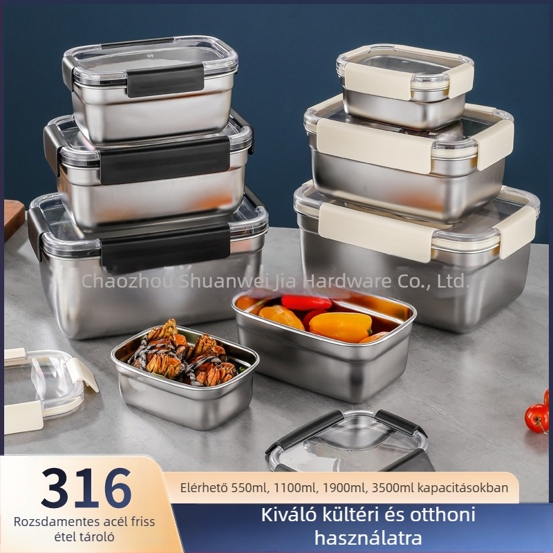 Téglalap alakú 304 rozsdamentes acél élelmiszertároló doboz, hermetikus záródású, hűtő- és fagyasztó használatra; kapacitások: 501–800 ml, 1–2 L, 3.1–4 L