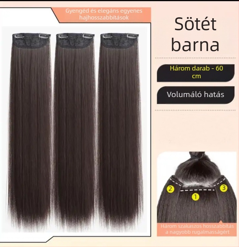 Háromrészes paróka nőknek hosszú egyenes hajjal, természetes stílus, volumen növelő hazai selyem, láthatatlan rögzítés