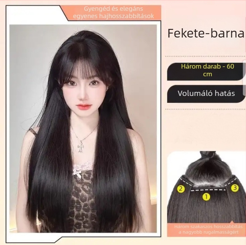 Háromrészes paróka nőknek hosszú egyenes hajjal, természetes stílus, volumen növelő hazai selyem, láthatatlan rögzítés