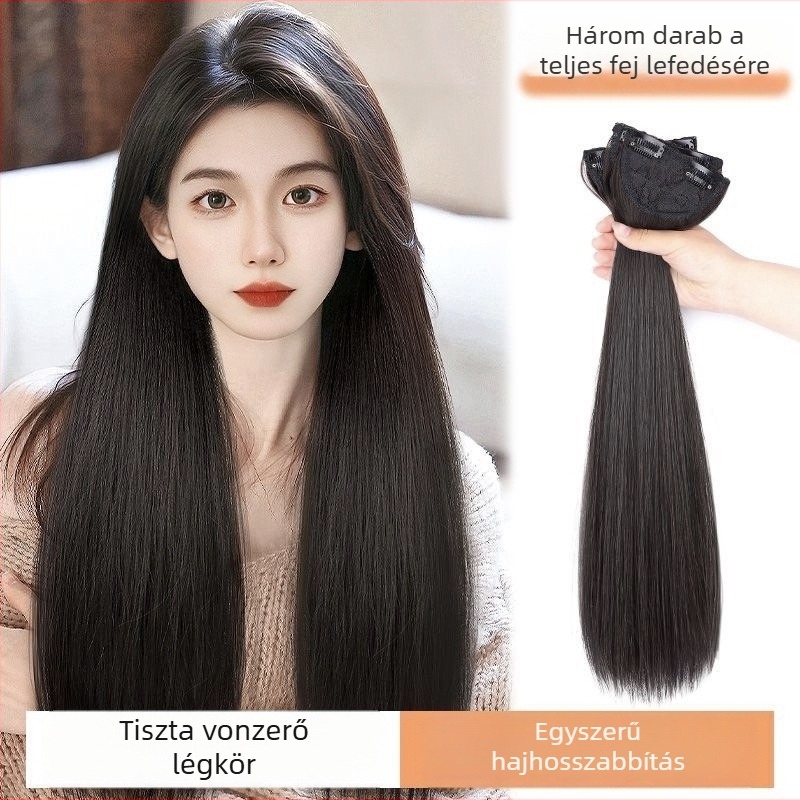 Háromrészes paróka nőknek hosszú egyenes hajjal, természetes stílus, volumen növelő hazai selyem, láthatatlan rögzítés