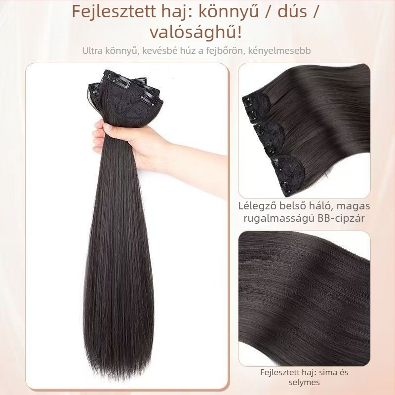 Háromrészes paróka nőknek hosszú egyenes hajjal, természetes stílus, volumen növelő hazai selyem, láthatatlan rögzítés