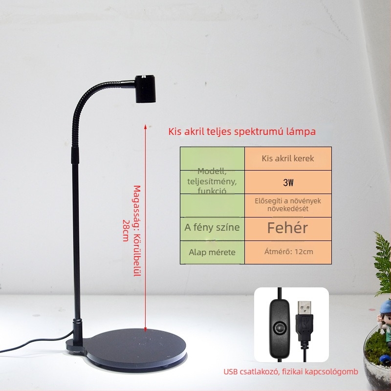 LED növénynevelő lámpa szukkulensek és cserepes növények számára – teljes spektrum, 3W, 0,5 kg