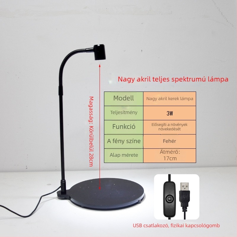 LED növénynevelő lámpa szukkulensek és cserepes növények számára – teljes spektrum, 3W, 0,5 kg