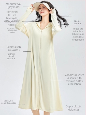 Női UV-védő kabát nyárra, hosszú a térd fölé érő, Ice Silk anyagú, légáteresztő, UPF50+