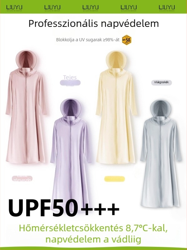 Női UV-védő kabát nyárra, hosszú a térd fölé érő, Ice Silk anyagú, légáteresztő, UPF50+