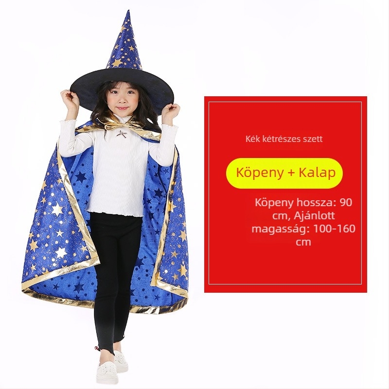 Halloween köpeny gyerekeknek, gyerekek színpadi jelmez kis boszorkány/mágus — cosplay készlet köpeny és kalap