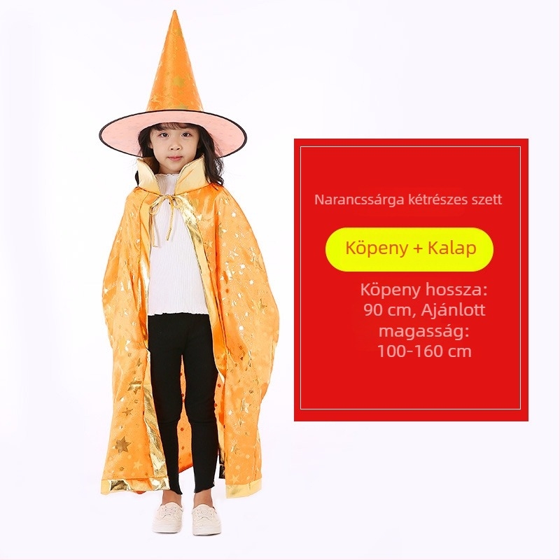 Halloween köpeny gyerekeknek, gyerekek színpadi jelmez kis boszorkány/mágus — cosplay készlet köpeny és kalap