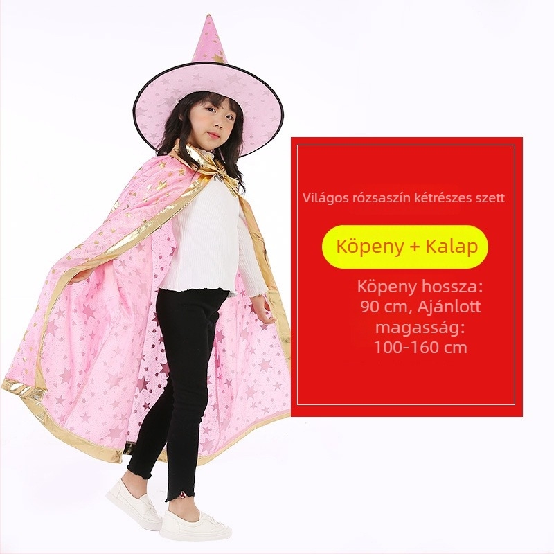 Halloween köpeny gyerekeknek, gyerekek színpadi jelmez kis boszorkány/mágus — cosplay készlet köpeny és kalap