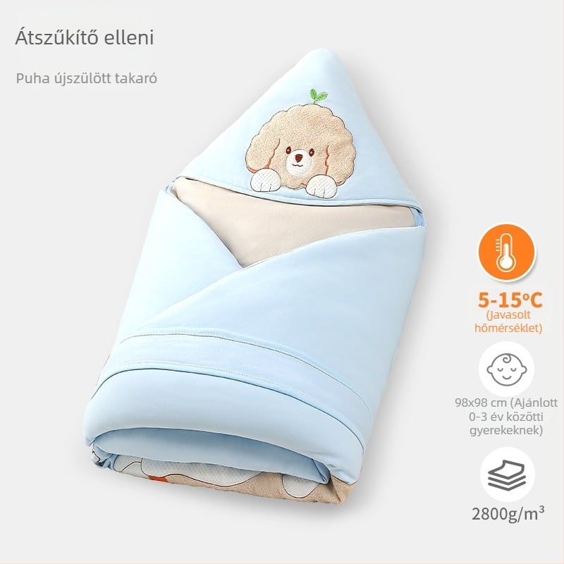 Újszülöttöket ölelő takaró – 100% pamut szövet, poliészter töltet, tavasz/ősz/ tél szezonra, minták: állatok, mesefigurák, virágok, pöttyök, csecsemők és kisgyermekek számára (1–3 év)