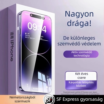 Tempered üveg kijelzővédő AR szemvédővel, előre fólia, HD minőség, kompatibilis iPhone 15 Pro Max, 16 Pro és 14 Plus modellekkel