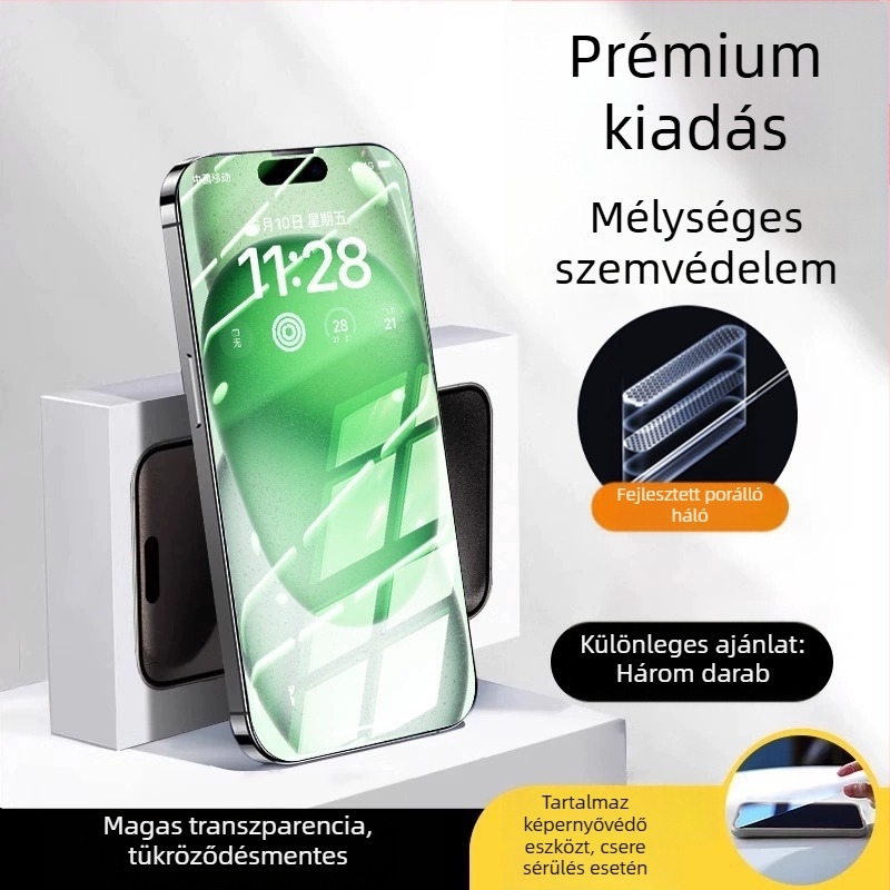 Tempered üveg kijelzővédő AR szemvédővel, előre fólia, HD minőség, kompatibilis iPhone 15 Pro Max, 16 Pro és 14 Plus modellekkel