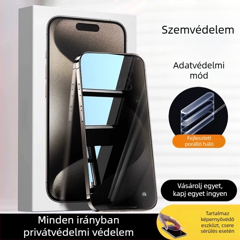 Tempered üveg kijelzővédő AR szemvédővel, előre fólia, HD minőség, kompatibilis iPhone 15 Pro Max, 16 Pro és 14 Plus modellekkel