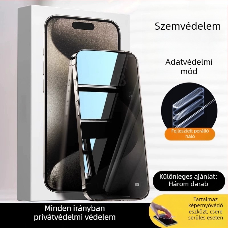 Tempered üveg kijelzővédő AR szemvédővel, előre fólia, HD minőség, kompatibilis iPhone 15 Pro Max, 16 Pro és 14 Plus modellekkel