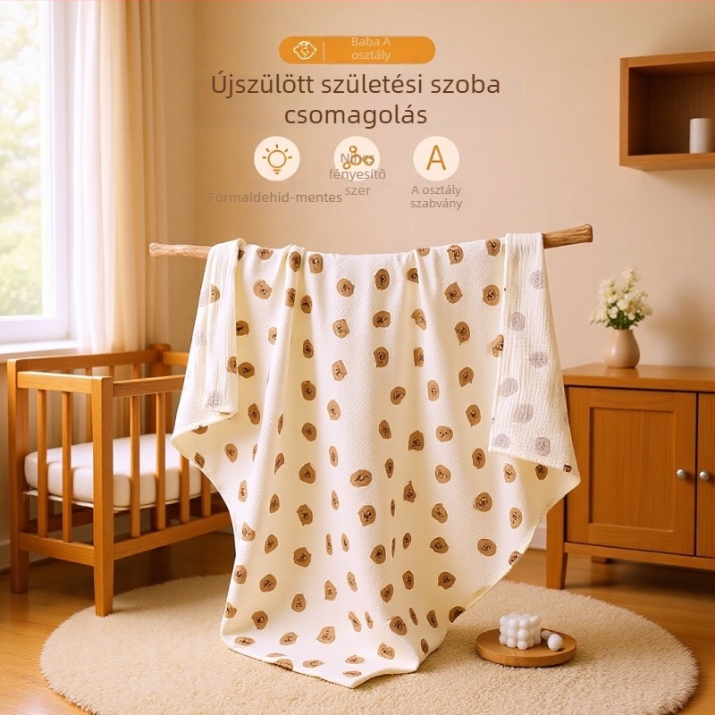 Baba csomagoló kendő – rajzolt minta, 95%+ tiszta pamut géz, dupla réteg géz, crepe wrap opciók, újszülötteknek