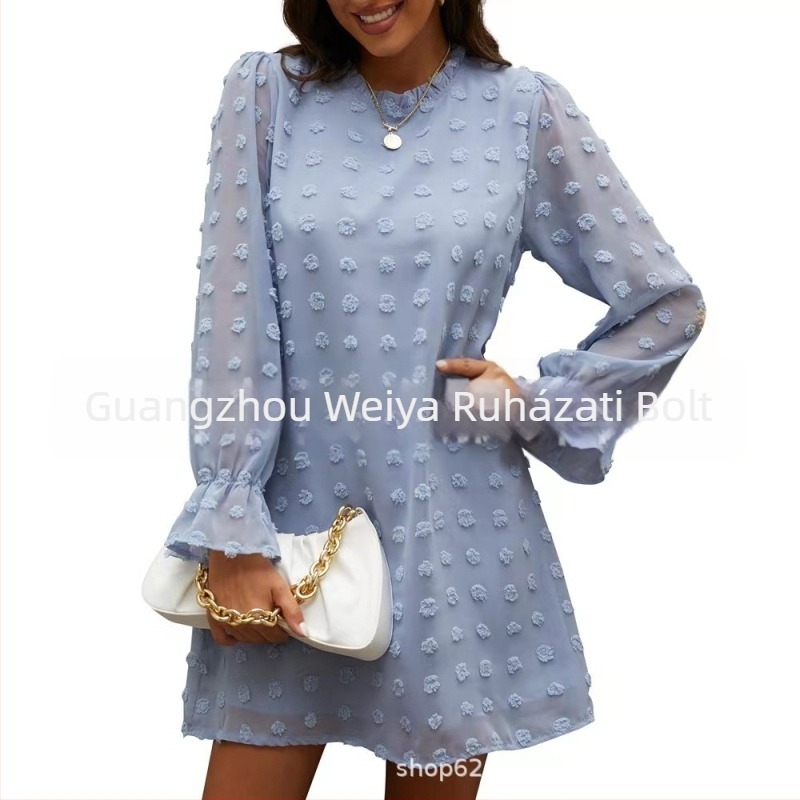 Chiffon jacquard ruha, A-vonalú szabás, félmagas gallér, buborékos ujjú, laza derekú (Nyár 2022)