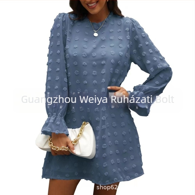 Chiffon jacquard ruha, A-vonalú szabás, félmagas gallér, buborékos ujjú, laza derekú (Nyár 2022)