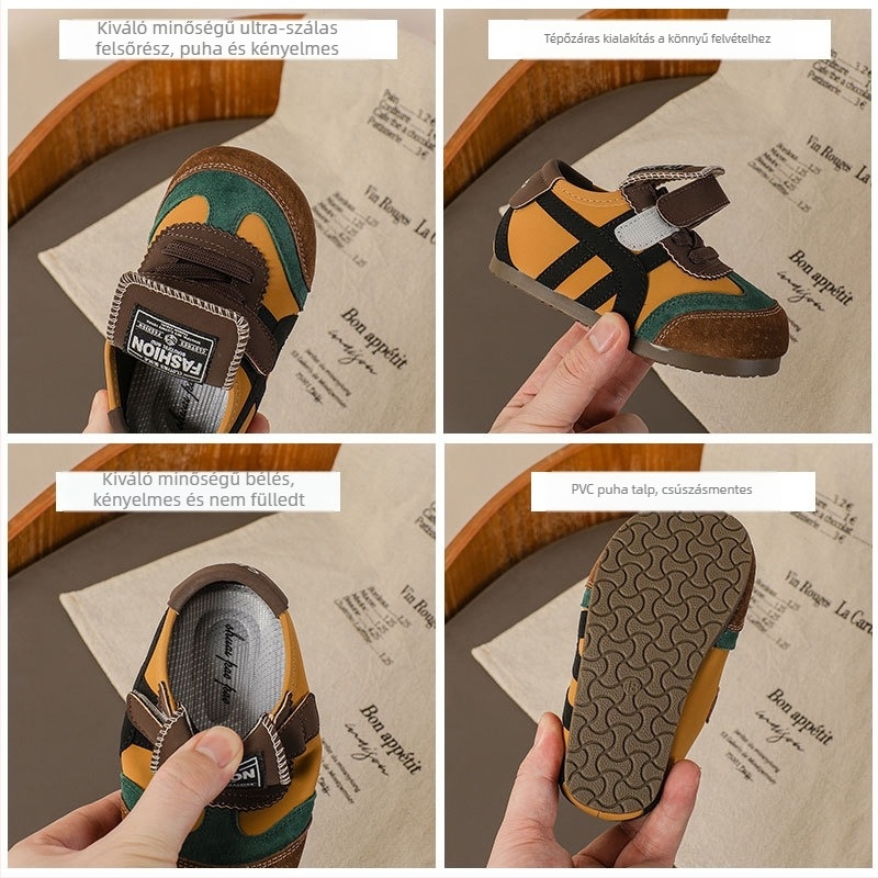 Unisex bébi sportcipő velúr bőrből, Velcro-zárás, alacsony felső rész, csúszásmentes talp, 12–36 hónap, tavasz-nyár-ősz, retro stílus