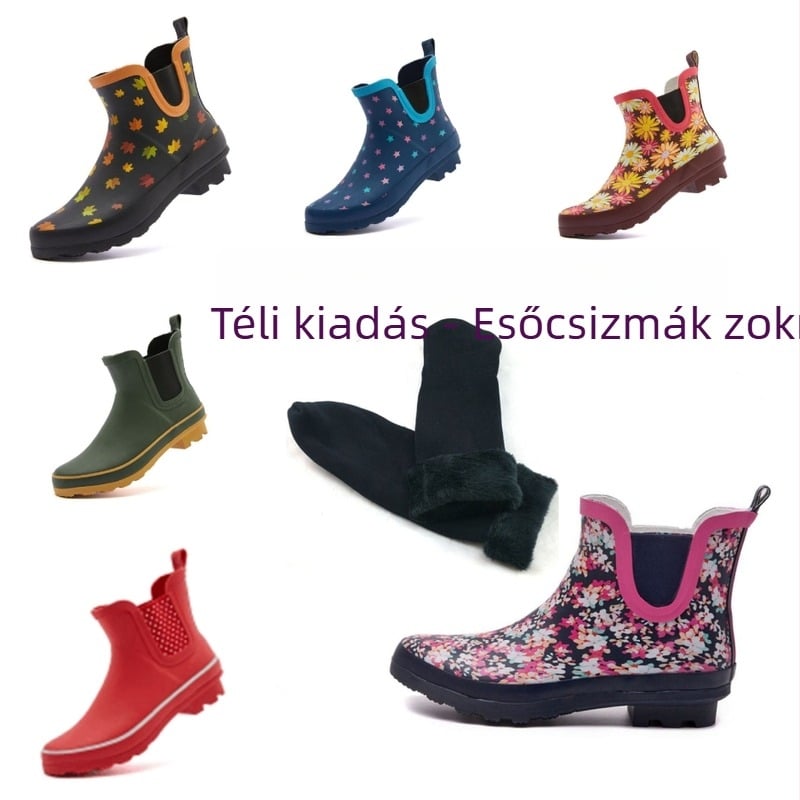 Női vízálló esőcsizmák virágos mintával, slip-on, természetes gumi, ősz-tél