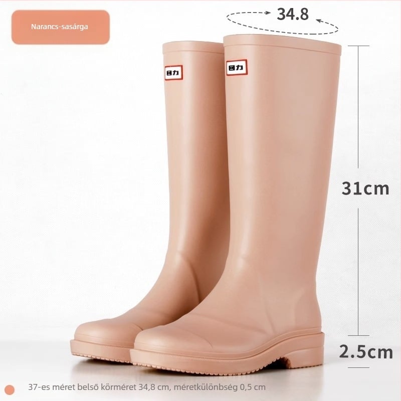 PVC női esőcsizma, magas szár, vízálló, csúszásmentes, alacsony sarkú 1–3 cm