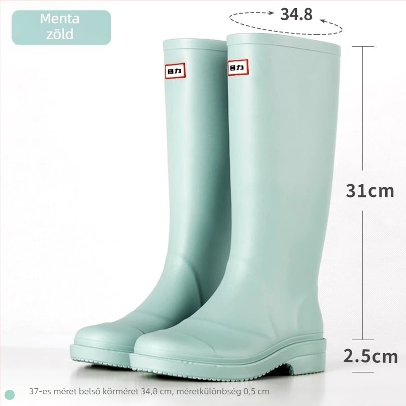 PVC női esőcsizma, magas szár, vízálló, csúszásmentes, alacsony sarkú 1–3 cm