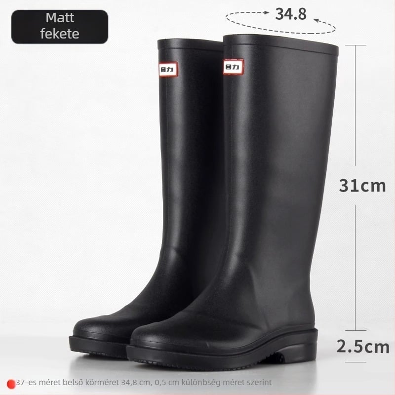 PVC női esőcsizma, magas szár, vízálló, csúszásmentes, alacsony sarkú 1–3 cm