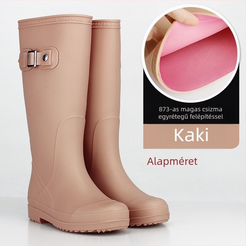 PVC női esőcsizma, magas szár, vízálló, csúszásmentes, alacsony sarkú 1–3 cm