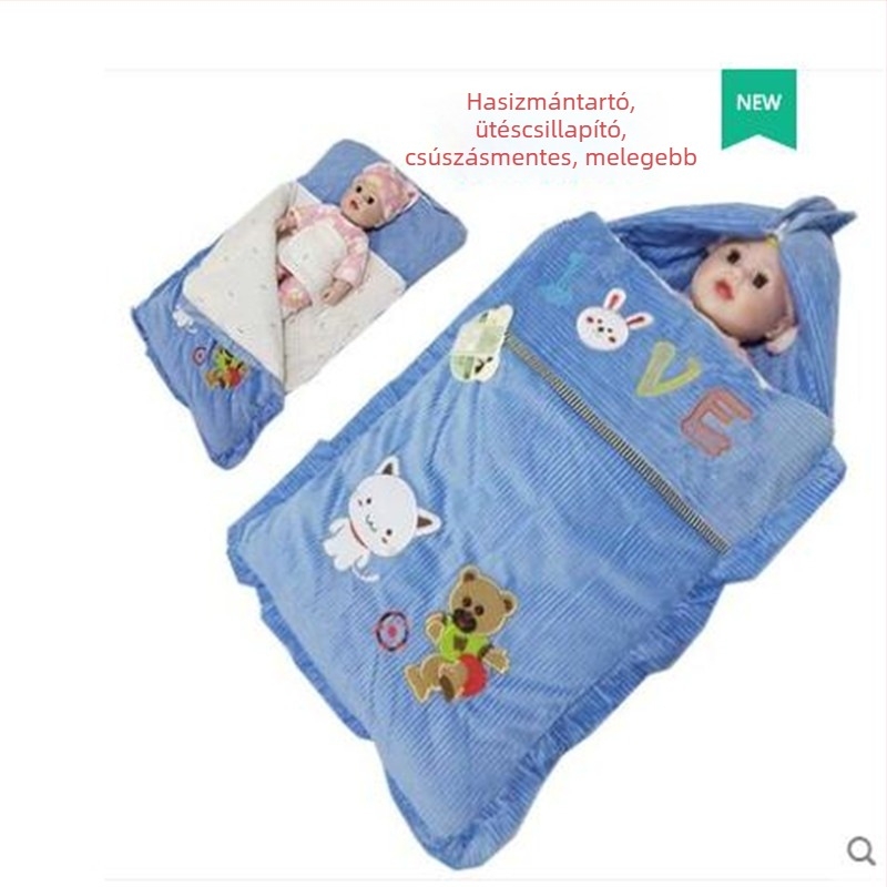 Baba alvózsák, boríték stílus, 95% pamut, töltés poliészter-pamut, nylon cipzár, karikatúra mintával, 0–1 éves újszülötteknek, téli–ősz