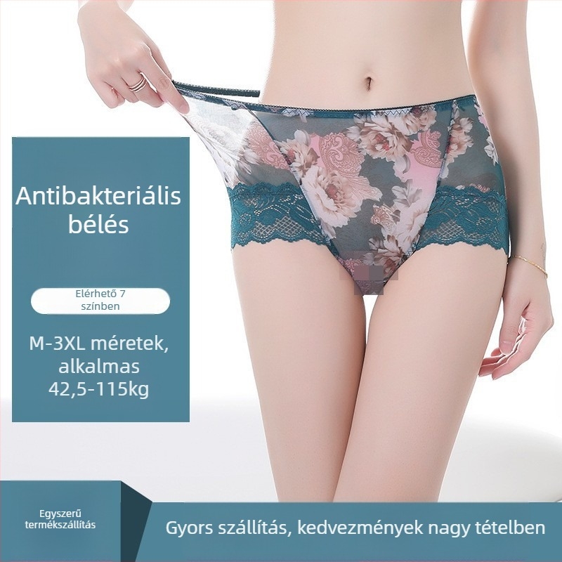 Női csipkés nyomott alsó, középmagas derekú, virágos mintázat, légáteresztő, antibakteriális poliészter