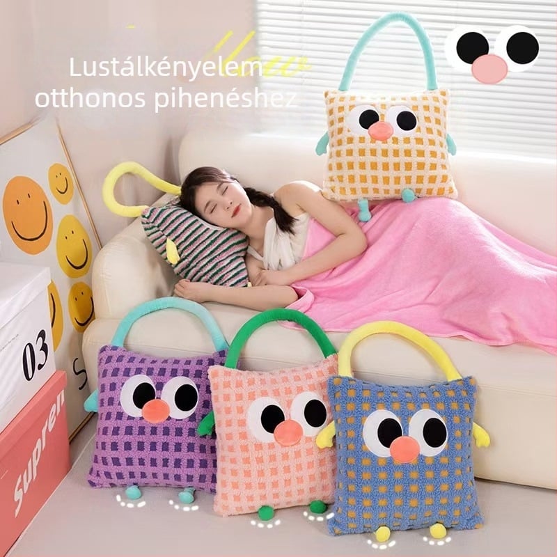 2-az-1-ben párna–takaró irodai használatra, plüss huzat, csíkos minta, hímzés, PP gyapot töltet