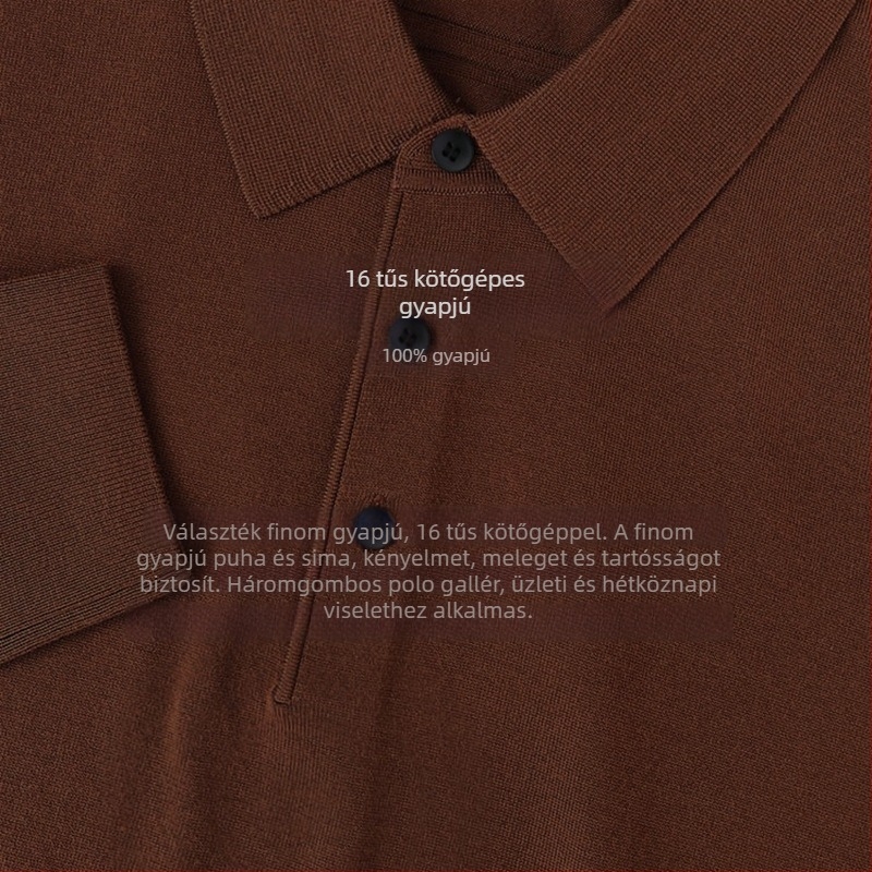 100% finom gyapjú férfi pulóver, Slim Fit, turn-down gallér, géppel mosható, bordázott szegély