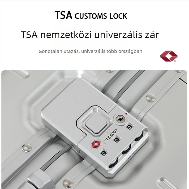 Alumínium-magnézium ötvözetű koffer ellenőrzött poggyászhoz, TSA kombinált zár, 360° görgők, súly 3.98 kg