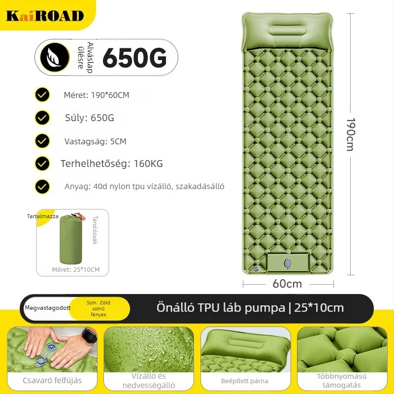 Kempingezéshez felfújható matrac – ultrakönnyű, hordozható és csatlakoztatható; Anyag: bőrbarát szövet + magas rugalmasságú hab; 1–2 fő számára; Nettó súly: 3000 g; Automatikus felfújás