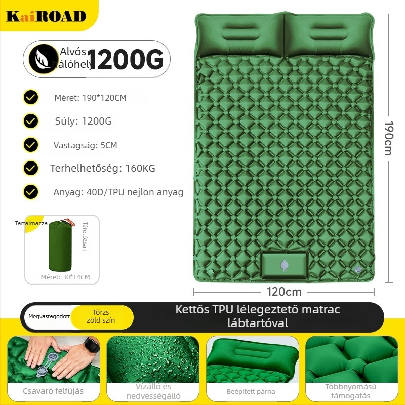 Kempingezéshez felfújható matrac – ultrakönnyű, hordozható és csatlakoztatható; Anyag: bőrbarát szövet + magas rugalmasságú hab; 1–2 fő számára; Nettó súly: 3000 g; Automatikus felfújás