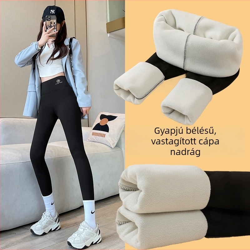 Női Sharkskin leggings, magas derekú, szoros, melegen bélelt fleece, vastag anyag, őszi-téli jóga