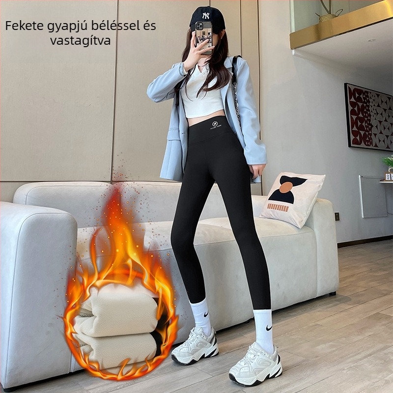 Női Sharkskin leggings, magas derekú, szoros, melegen bélelt fleece, vastag anyag, őszi-téli jóga