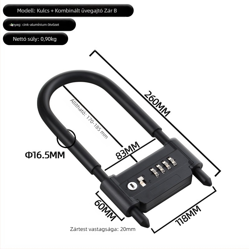 Anbond U- alakú jelszavas zár üveg- és tolóajtókhoz, Modell L-ks01, Anyag: vas, cink, PVC bőr tok, lopás elleni védelem