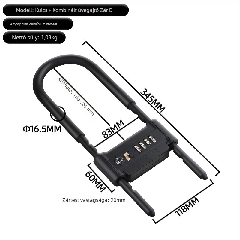 Anbond U- alakú jelszavas zár üveg- és tolóajtókhoz, Modell L-ks01, Anyag: vas, cink, PVC bőr tok, lopás elleni védelem